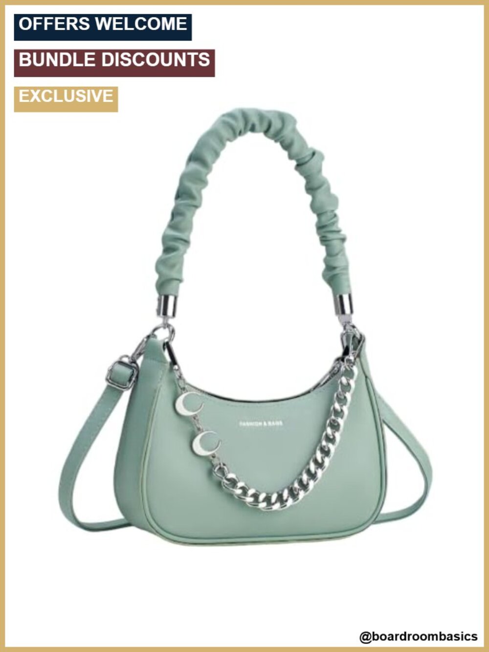 Ruched Handle Shoulder Bag Crescent Chain Hobo Crossbody Vegan Leather